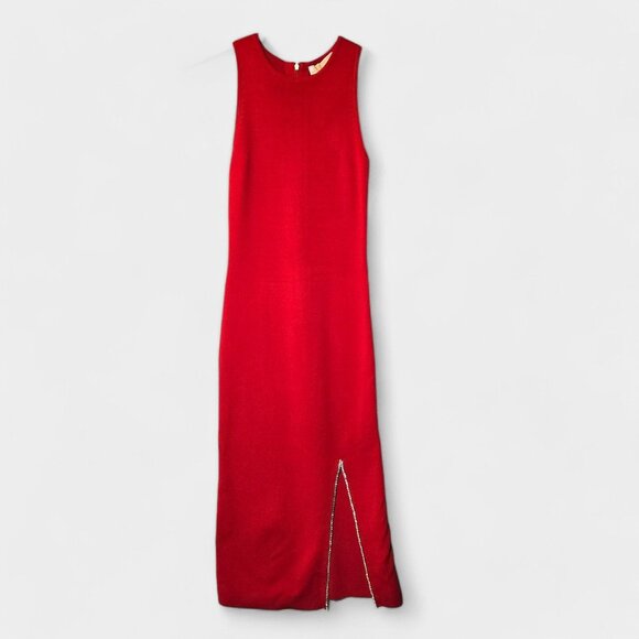 Michael Kors Rhinestone Trimmed Slit Bodycon Dress S Crimson Evening Holiday NWT - Picture 2 of 11